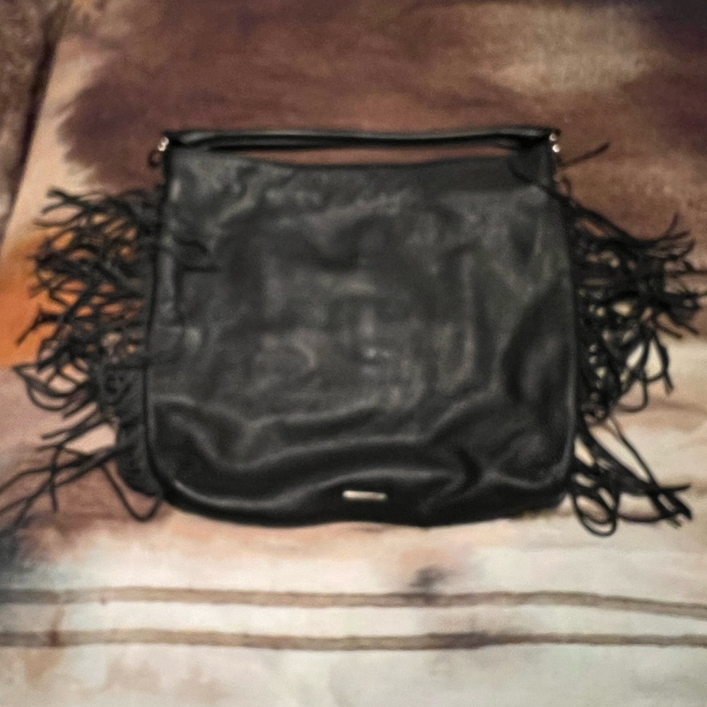 Fringe black leather bag